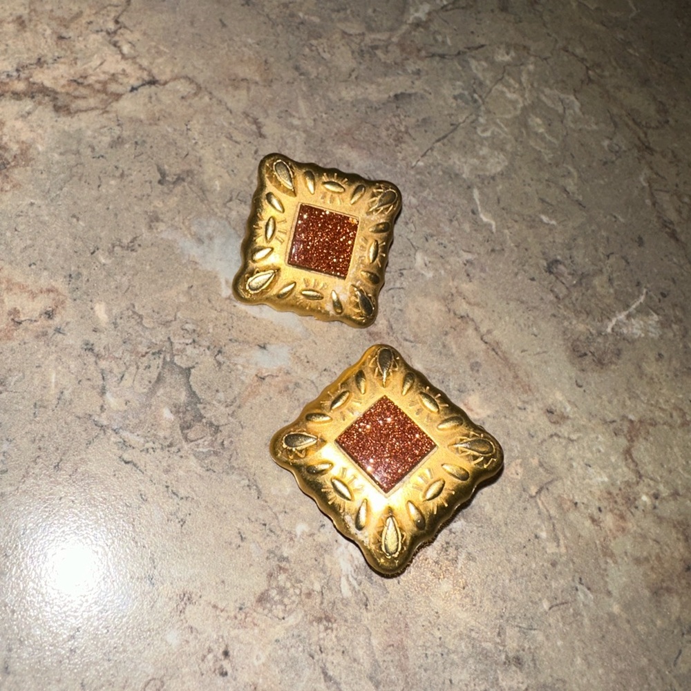 Gold and Brown Square Earrings